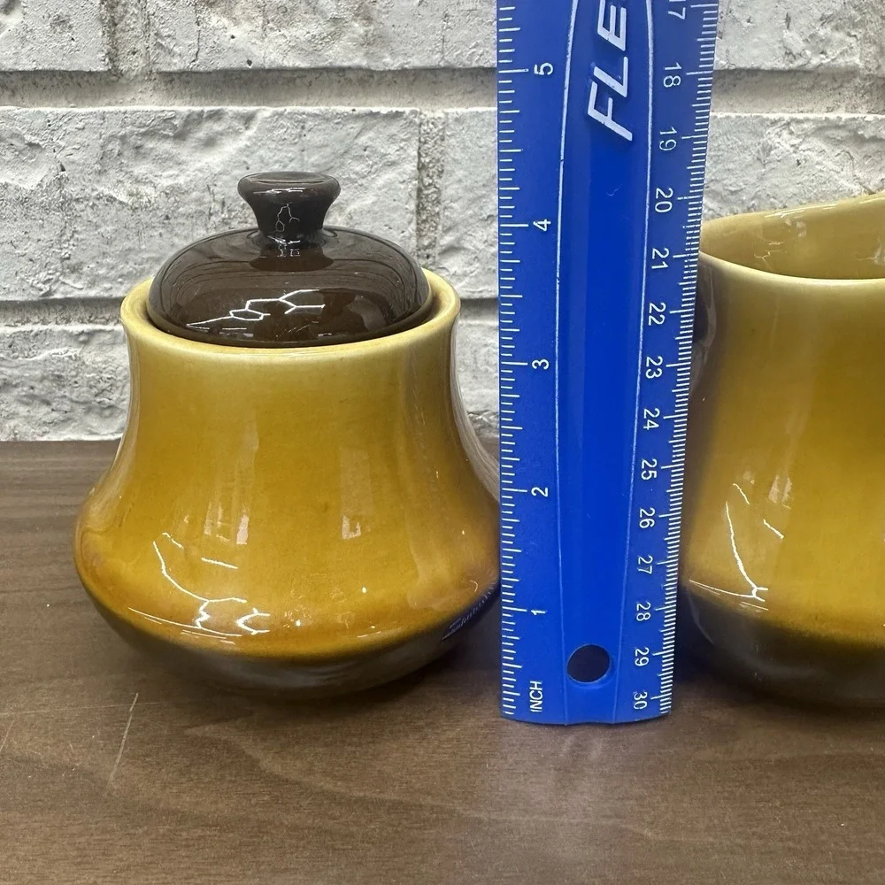 Vintage MCM Set Creamer & Sugar W Lid Two tone Brown Glaze Harvest Gold Japan